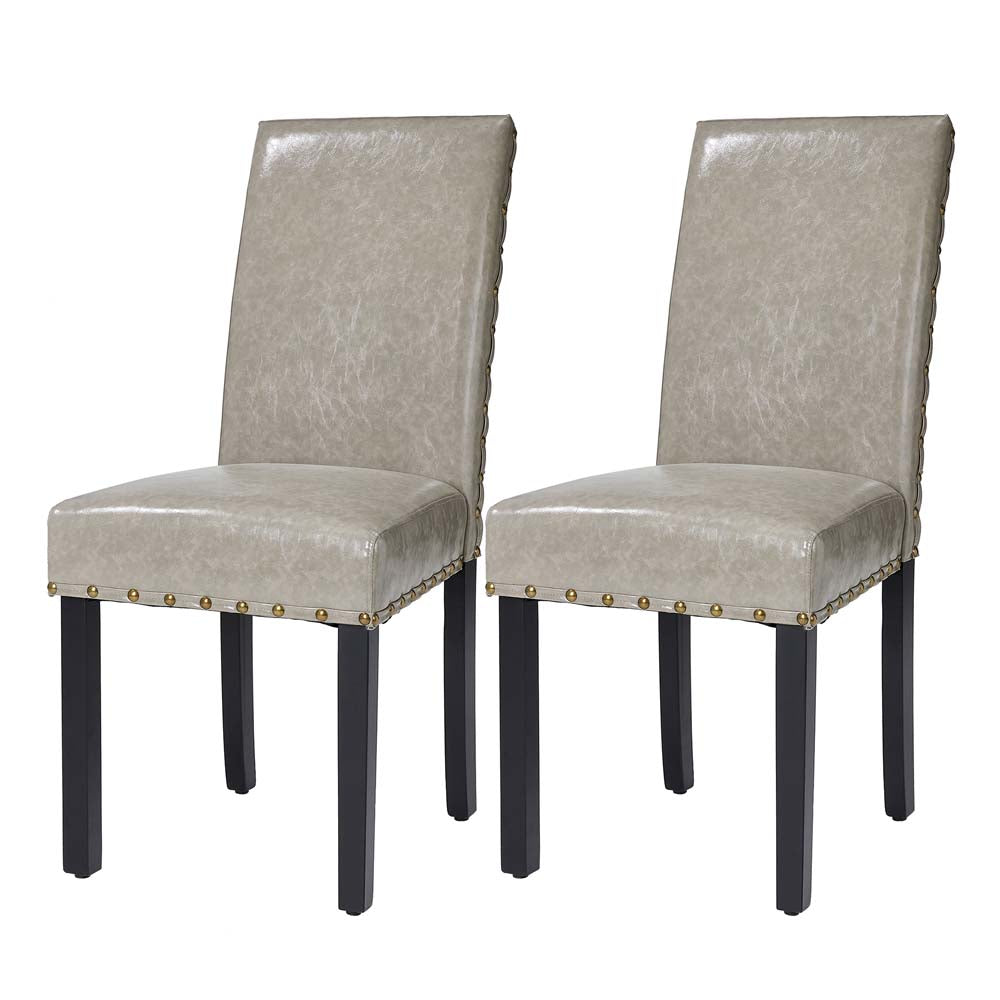 High-Back Gray PU Upholstered Dining Chair with Studded Decor, Set of 2