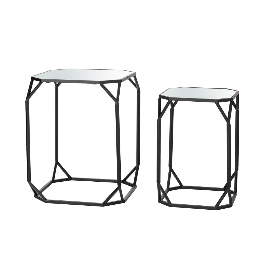 Black Metal Nesting  Side & End Accent Table with Glass Top, Set of 2