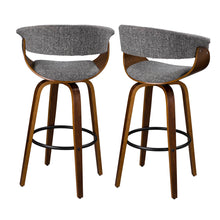 Load image into Gallery viewer, Mid-century Modern Gray Fabric/Walnut Bentwood Swivel Bar Stool, Set of 2
