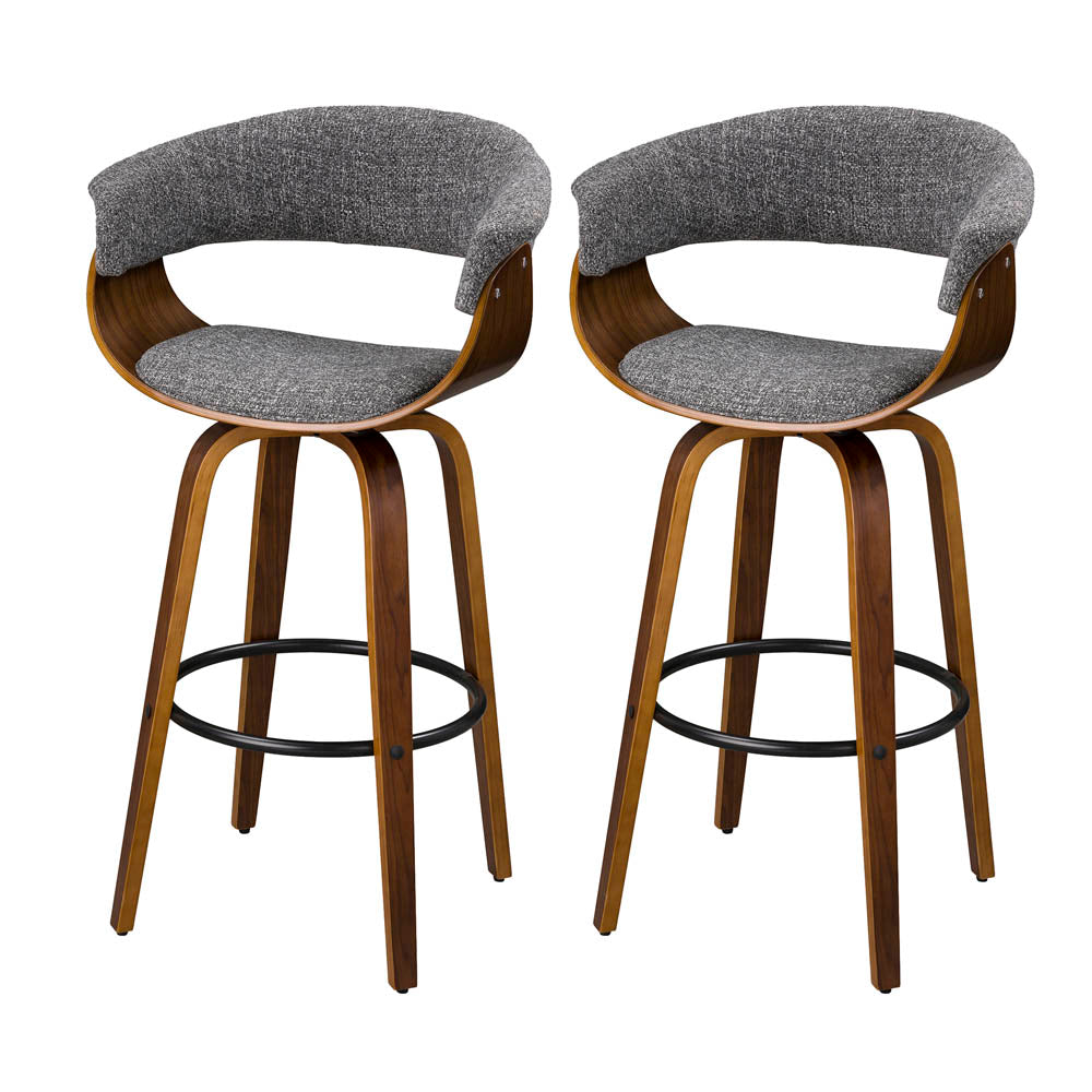 Mid-century Modern Gray Fabric/Walnut Bentwood Swivel Bar Stool, Set of 2