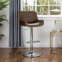 Load image into Gallery viewer, Mid-century Modern Leather Yellowish-brown Adjustable Height Swivel Bar Stool
