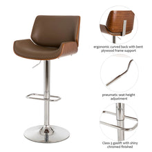 Load image into Gallery viewer, Mid-century Modern Leather Yellowish-brown Adjustable Height Swivel Bar Stool
