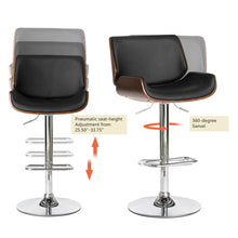 Load image into Gallery viewer, Mid-century Modern Black PU and Walnut Bentwood Adjustable Height Swivel Bar Stool
