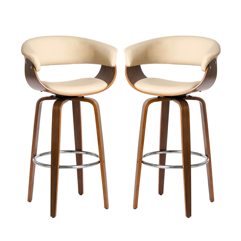 Mid-century Modern Cream PU Leather/Walnut bentwood Swivel Bar Chair, Set of 2