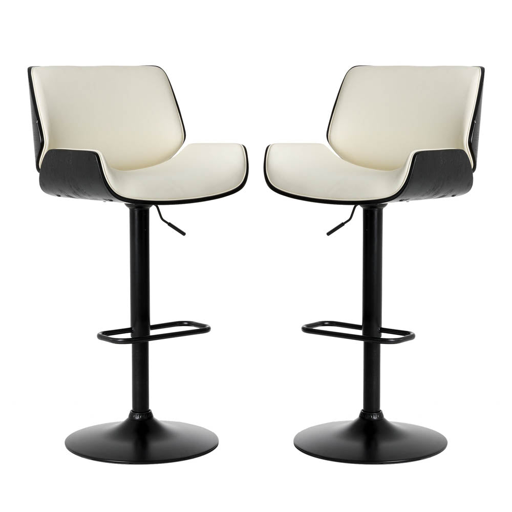 Mid-century Modern White PU and Black Bentwood Adjustable Height Swivel Bar Stool, Set of 2