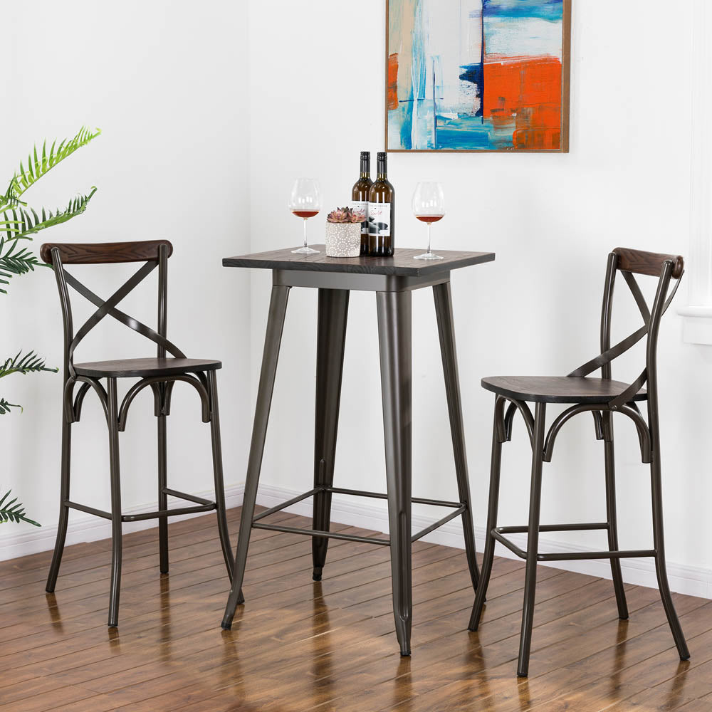 Set of 2 Rustic Steel Bar Stools and One Rustic Steel Square Bar Table