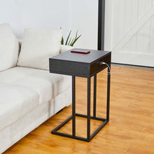 Load image into Gallery viewer, 26&quot;H Modern Industrial Black Wood/Metal C Side &amp; End Table with a Drawer and 2 USB Charging Ports
