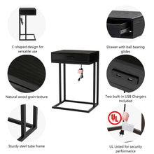 Load image into Gallery viewer, 26&quot;H Modern Industrial Black Wood/Metal C Side &amp; End Table with a Drawer and 2 USB Charging Ports
