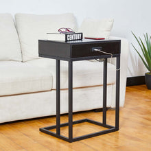 Load image into Gallery viewer, 26&quot;H Modern Industrial Black Wood/Metal C Side &amp; End Table with a Drawer and 2 USB Charging Ports
