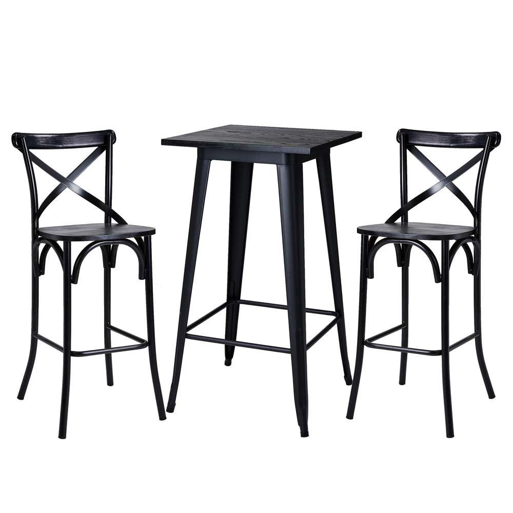 Set of 2 Black Steel Bar Chairs and a Square Top Pub Table (3-Piece)