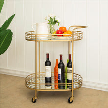 Load image into Gallery viewer, 30.75&quot;H 2-Tier Gold Deluxe Metal Oval Mirrored Bar Cart
