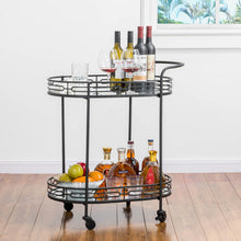 Load image into Gallery viewer, 30.75&quot;H Black Deluxe 2-Tier Metal Oval Mirrored Bar Cart
