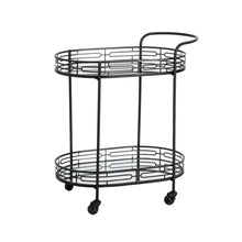 Load image into Gallery viewer, 30.75&quot;H Black Deluxe 2-Tier Metal Oval Mirrored Bar Cart
