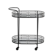 Load image into Gallery viewer, 30.75&quot;H Black Deluxe 2-Tier Metal Oval Mirrored Bar Cart
