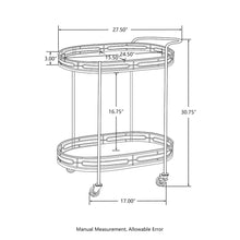 Load image into Gallery viewer, 30.75&quot;H Black Deluxe 2-Tier Metal Oval Mirrored Bar Cart
