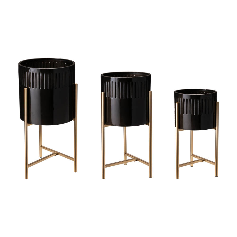 Modern Glossy Black Metal Plant Stands, Set of 3