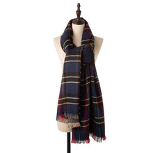 Load image into Gallery viewer, Unisex Oversized Gray, White and Beige Plaid Reversible Scarf with Fringes
