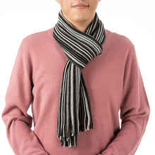 Load image into Gallery viewer, Men&#39;s Black and White Striped Scarf with Tassels
