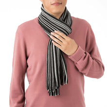 Load image into Gallery viewer, Men&#39;s Black and White Striped Scarf with Tassels
