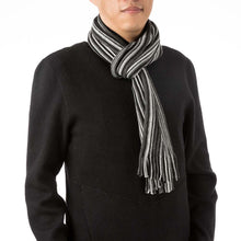 Load image into Gallery viewer, Men&#39;s Black and White Striped Scarf with Tassels
