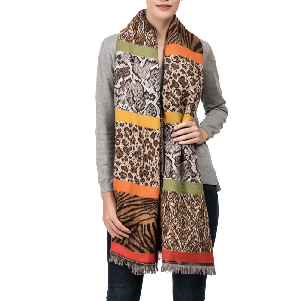 Women Oversized Double Jacquard Leopard Scarf with Tassels