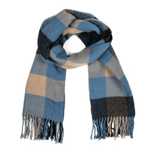 Load image into Gallery viewer, Unisex Oversized Gray/Blue and Beige Plaid Scarf with Tassels
