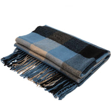 Load image into Gallery viewer, Unisex Oversized Gray/Blue and Beige Plaid Scarf with Tassels
