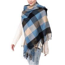 Load image into Gallery viewer, Unisex Oversized Gray/Blue and Beige Plaid Scarf with Tassels
