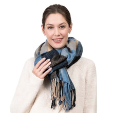 Load image into Gallery viewer, Unisex Oversized Gray/Blue and Beige Plaid Scarf with Tassels
