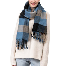 Load image into Gallery viewer, Unisex Oversized Gray/Blue and Beige Plaid Scarf with Tassels
