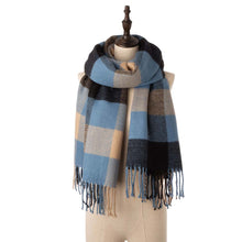 Load image into Gallery viewer, Unisex Oversized Gray/Blue and Beige Plaid Scarf with Tassels
