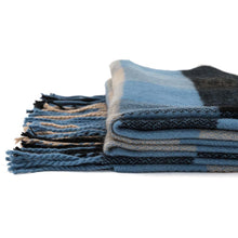 Load image into Gallery viewer, Unisex Oversized Gray/Blue and Beige Plaid Scarf with Tassels
