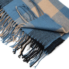 Load image into Gallery viewer, Unisex Oversized Gray/Blue and Beige Plaid Scarf with Tassels
