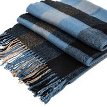 Load image into Gallery viewer, Unisex Oversized Gray/Blue and Beige Plaid Scarf with Tassels
