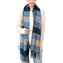 Load image into Gallery viewer, Unisex Oversized Gray/Blue and Beige Plaid Scarf with Tassels
