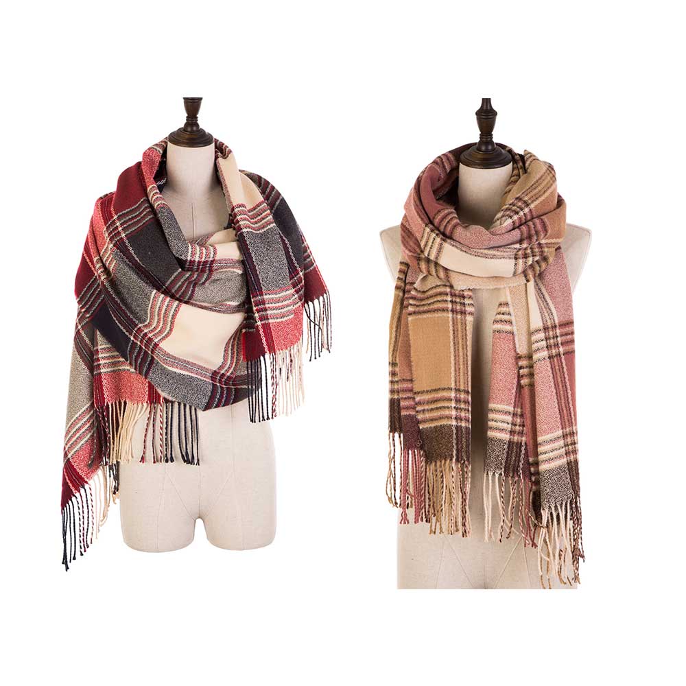 Oversized Women Fashion Multicolor Plaid Scarf with Tassels, Set of 2