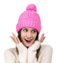 Load image into Gallery viewer, Women Bright Fuchsia Fold-Over Beanie with Pom Pom One Size
