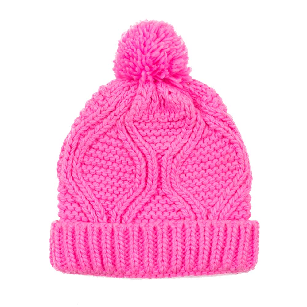 Women Bright Fuchsia Fold-Over Beanie with Pom Pom One Size