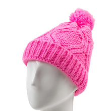 Load image into Gallery viewer, Women Bright Fuchsia Fold-Over Beanie with Pom Pom One Size
