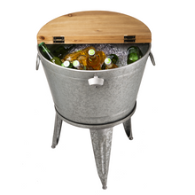 Load image into Gallery viewer, 26.29&quot;H Galvanized Beverage Tub with Metal Stand or Accent Table with Firwood Lid
