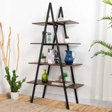 Load image into Gallery viewer, 64.57&quot;H Brown Metal/Wooden 4-Tier Bookcases and Ladder Shelf
