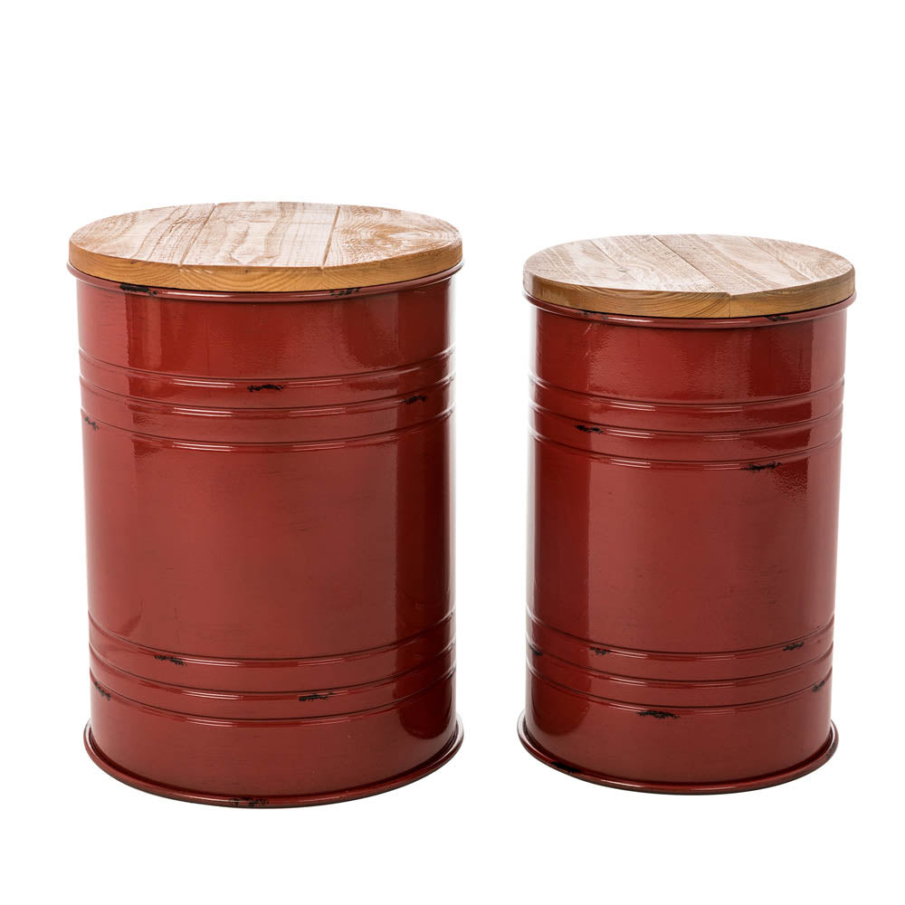 Red Metal Storage Accent Table or Stool with Solid Wood Lid, Set of 2