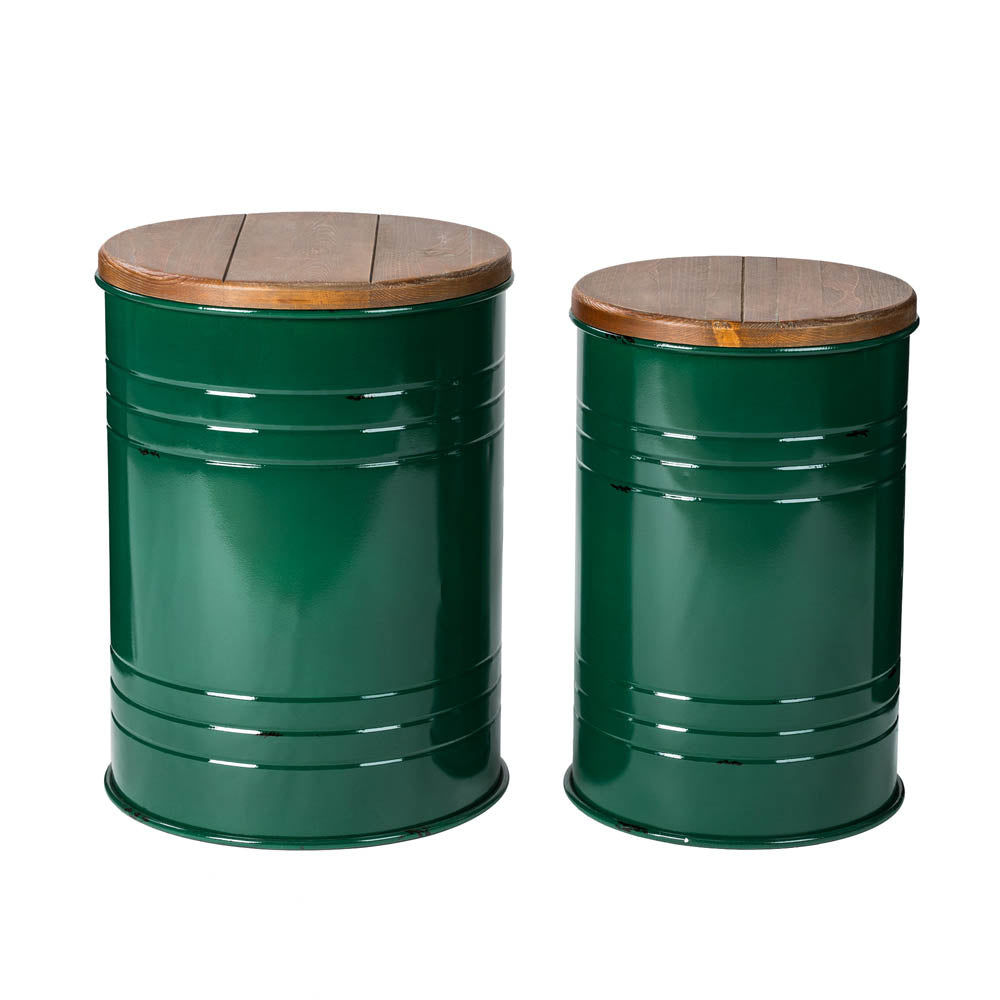 Hunter Green Modern Metal Storage Accent Table or Stool with Solid Wood Lid, Set of 2