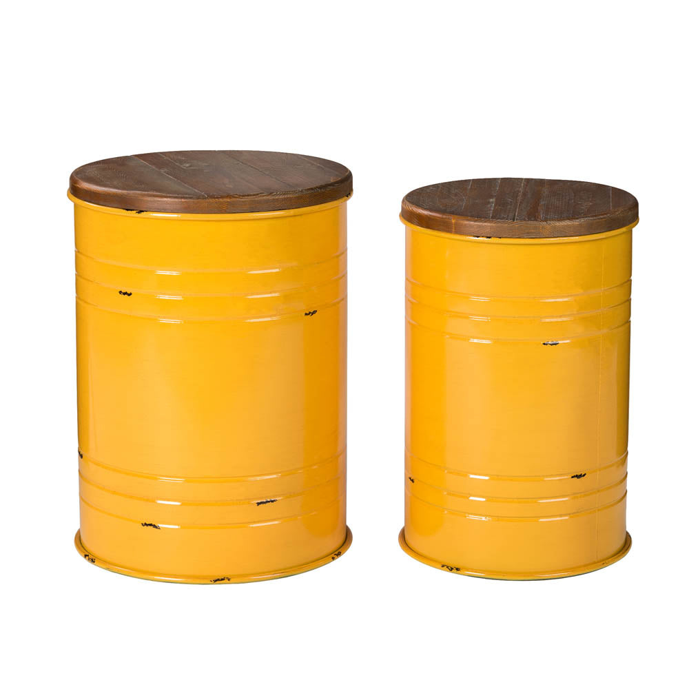 Yellow Modern Metal Storage Accent Table or Stool with Solid Wood Lid, Set of 2