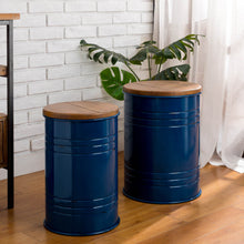 Load image into Gallery viewer, Navy Blue Modern Metal Storage Accent Table or Stool with Solid Wood Lid, Set of 2
