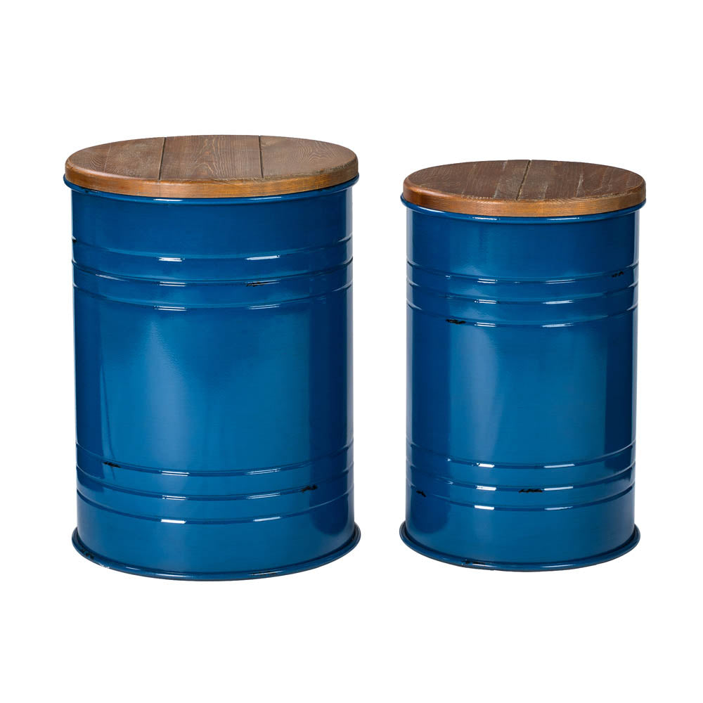 Navy Blue Modern Metal Storage Accent Table or Stool with Solid Wood Lid, Set of 2