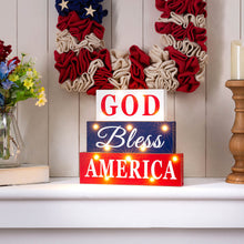 Load image into Gallery viewer, 11.75&quot;L God Bless America Sign Wooden Patriotic Tiered Block with LED Lights
