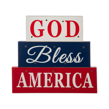 Load image into Gallery viewer, 11.75&quot;L God Bless America Sign Wooden Patriotic Tiered Block with LED Lights
