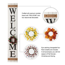 Load image into Gallery viewer, 60&quot;H Wooden White WELCOME Porch Sign With 4 Interchangeable Wreathes（Spring/Patriotic/Fall/Christmas）
