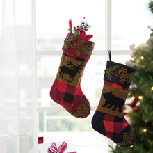 Load image into Gallery viewer, Plaid Stocking With Rug Hooked Stocking(Reindeer&amp; Bear),Set of 2
